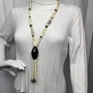 Chico's beaded necklace black white signed costume jewelry bohemian boho